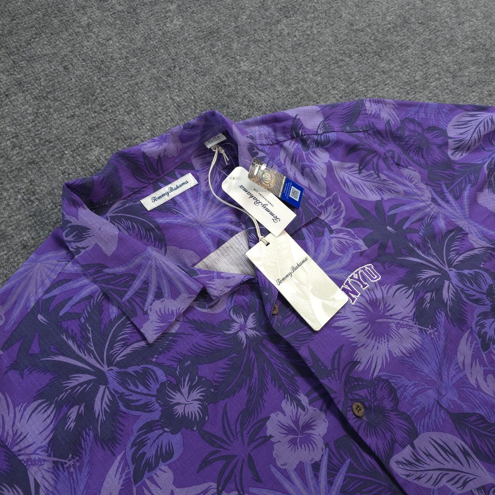 NYU Shirt Mens XL Purple NCAA College Tommy Bahama Silk Hawaiian Fuego Floral